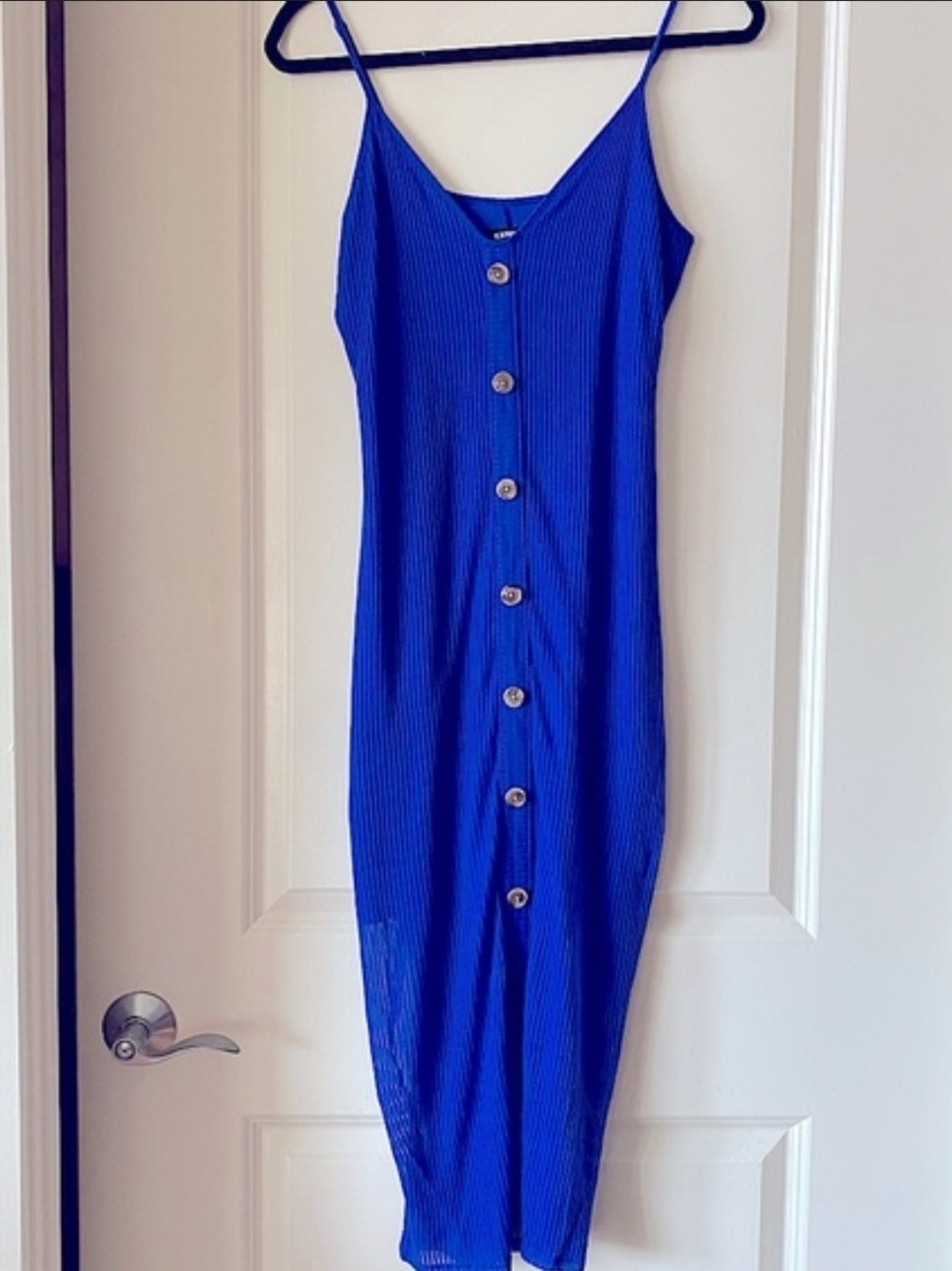 Express Royal Blue Ribbed Button Midi Dress